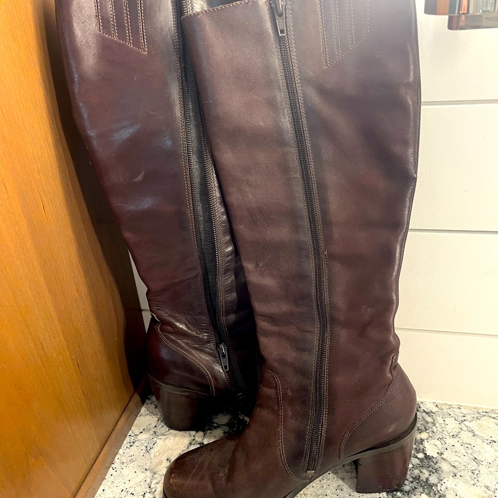 Brown leather knee high riding boots